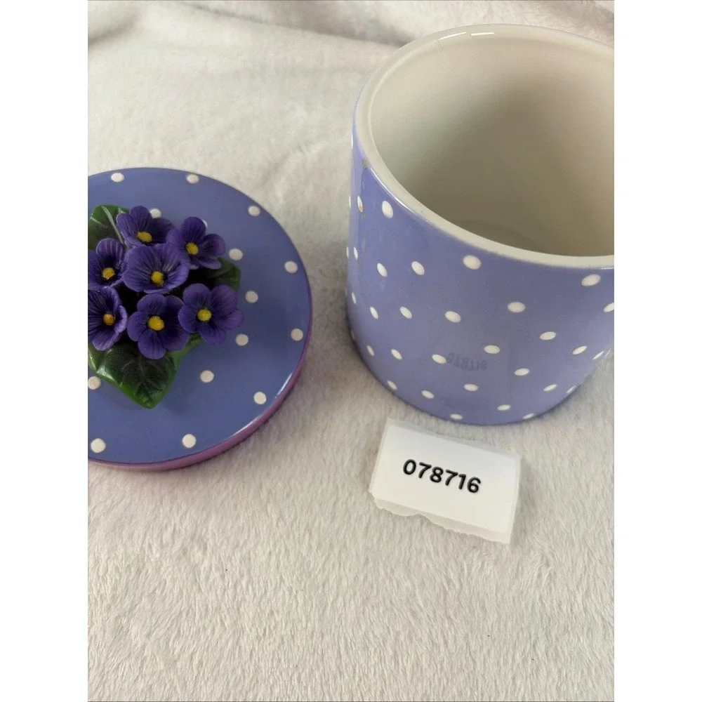 Vintage Teleflora Gift Purple Polka Dot Ceramic Trinket Box 3D Violet Floral Lid